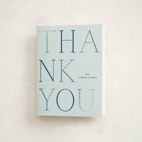 This is a azure baby shower thank you cards with foil pressed by Annie Shapiro called boy oh boy! printing on strathmore in standard