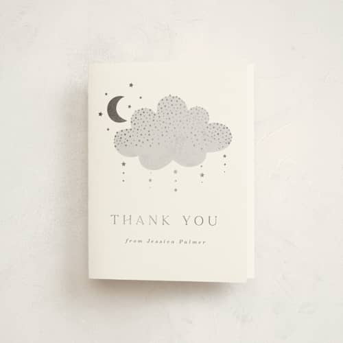 This is a slate baby shower thank you cards with foil pressed by Marina Onoprienko called moon baby printing on strathmore in standard