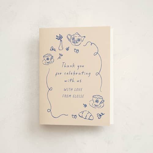 This is a fine china baby shower thank you cards with standard by Carmia Jordaan called doodle tea party printing on strathmore in standard