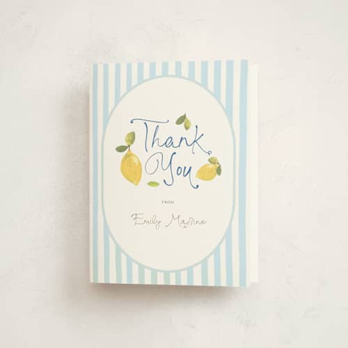 This is a ice baby shower thank you cards with standard by Teju Reval called lemon printing on strathmore in standard