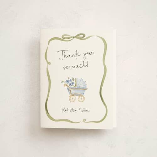This is a powderblue baby shower thank you cards with standard by Pati Cascino called bowls and buds printing on strathmore in standard