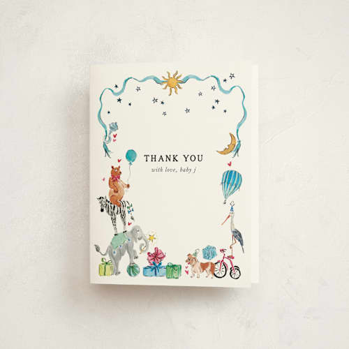 This is a celestial baby shower thank you cards with standard by Jill Delavan called favorite things printing on strathmore in standard
