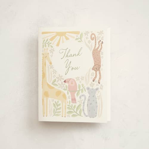 This is a jungle baby shower thank you cards with standard by Pixel and Hank called littlest friends printing on strathmore in standard