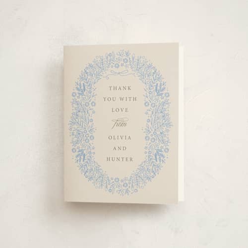 This is a bluebell baby shower thank you cards with standard by Hannah Williams called blooming foil oval printing on strathmore in standard
