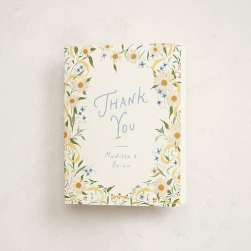 This is a sunshine baby shower thank you cards with standard by Erin L. Wilson called daisy chain printing on strathmore in standard