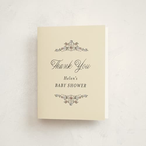 This is a ivory baby shower thank you cards with standard by Becky Nimoy called garden brick gate printing on strathmore in standard