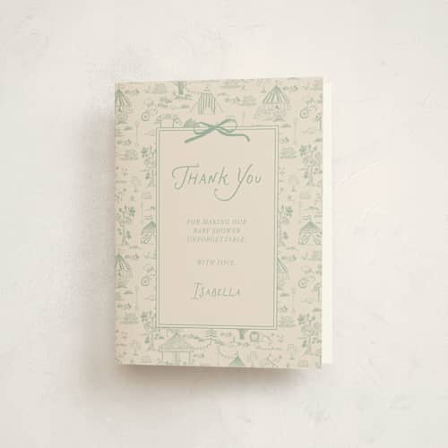 This is a pistachio baby shower thank you cards with standard by Kartika Paramita called animal circus toile printing on strathmore in standard