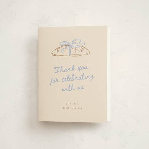 This is a bluecrumb baby shower thank you cards with standard by Pixel and Hank called bun in the oven printing on strathmore in standard