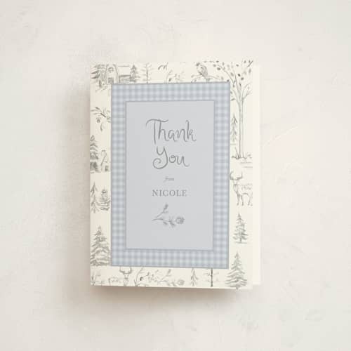 This is a lake baby shower thank you cards with standard by Teju Reval called winter toile printing on strathmore in standard