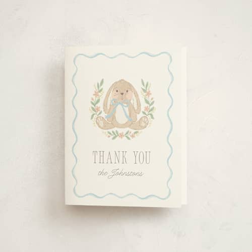 This is a cornflower baby shower thank you cards with standard by Laura Hankins called bunny crest printing on strathmore in standard