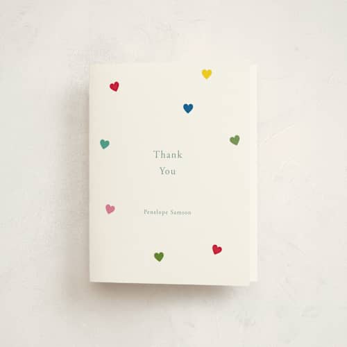 This is a candy baby shower thank you cards with standard by Baumbirdy called heartfelt printing on strathmore in standard