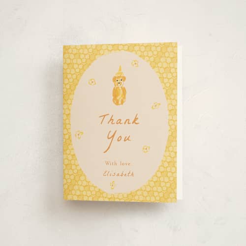 This is a honey baby shower thank you cards with standard by Sarah Rosenthal called honeybear printing on strathmore in standard