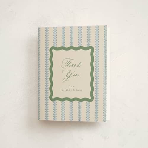 This is a forest baby shower thank you cards with standard by Jen Owens called wavy stripe printing on strathmore in standard