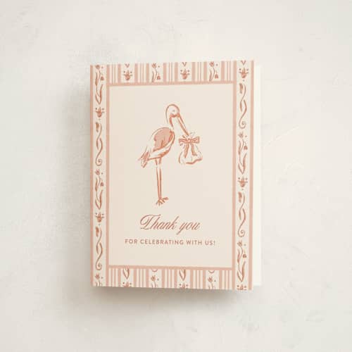 This is a blush baby shower thank you cards with standard by Kaylee Morgan called watercolor stork baby shower invitation printing on strathmore in standard
