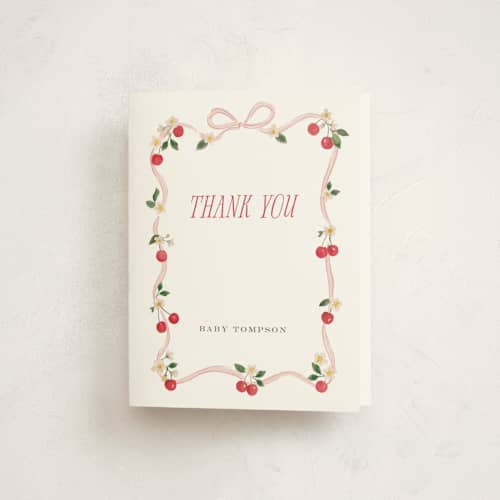 This is a blush baby shower thank you cards with standard by Itsy Belle Studio called cherry sweet printing on strathmore in standard