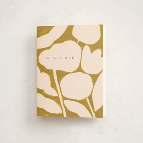 This is a mustard baby shower thank you cards with standard by Sierra Lee called flora printing on strathmore in standard