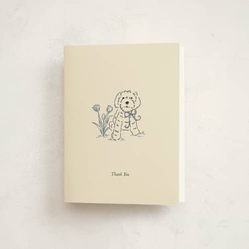 This is a denim baby shower thank you cards with standard by Noun New York called cottage core dog with watering can of flowers printing on strathmore in standard