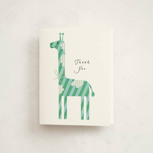 This is a earth baby shower thank you cards with standard by mo kelley called patterned giraffe printing on strathmore in standard