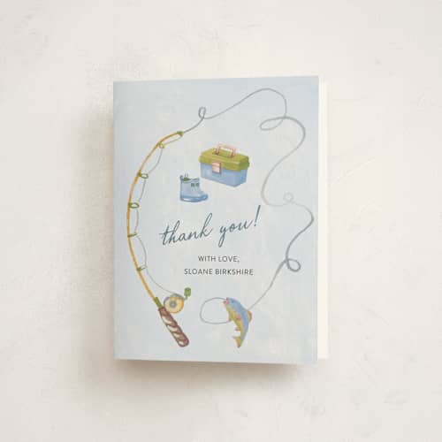 This is a lake baby shower thank you cards with standard by Sally Dayton called a little fisherman is on the way! printing on strathmore in standard