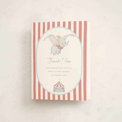 This is a pearl baby shower thank you cards with standard by Teju Reval called disney's dumbo come one come all printing on strathmore in standard