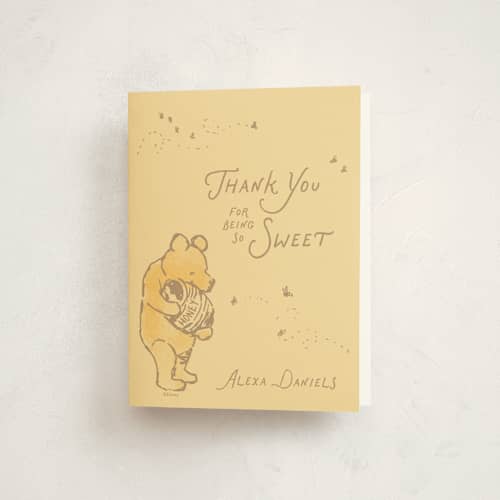 This is a honey baby shower thank you cards with standard by Jenna Holcomb called disney's winnie the pooh little honey printing on strathmore in standard