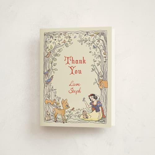 This is a buttercream baby shower thank you cards with standard by Becky Nimoy called disney's snow white woodland printing on strathmore in standard