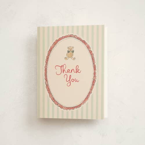 This is a peppermint baby shower thank you cards with standard by Creo Study called toys and joy printing on strathmore in standard