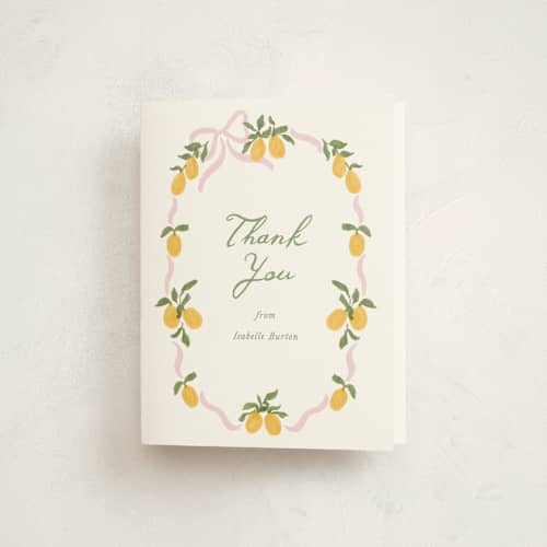 This is a pink lemonade baby shower thank you cards with standard by Angela Garrick called lemon and ribbon printing on strathmore in standard