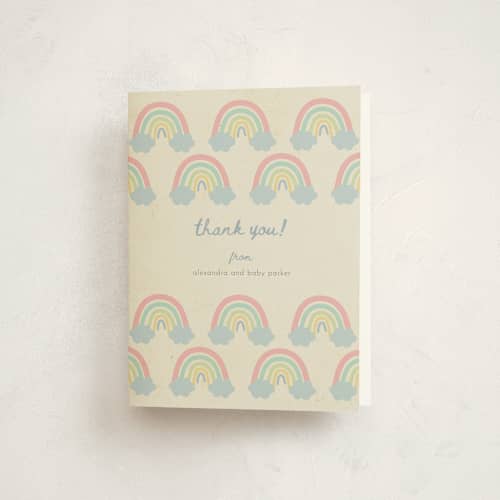 This is a sweet mint baby shower thank you cards with standard by Ilene Guy called rainbow sprinkles printing on strathmore in standard