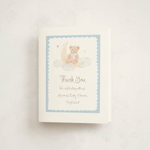 This is a sky baby shower thank you cards with standard by Teju Reval called dreamy bear printing on strathmore in standard