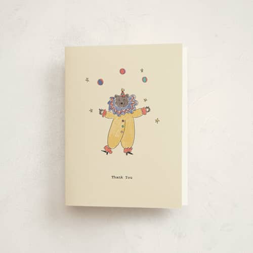 This is a crimson baby shower thank you cards with standard by Noun New York called illustrated circus theme with juggling bear printing on strathmore in standard