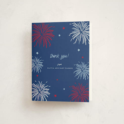This is a navy baby shower thank you cards with standard by Ilene Guy called americana printing on strathmore in standard