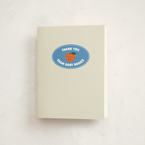 This is a aqua baby shower thank you cards with standard by Studio Suku called little cutie sticker printing on strathmore in standard