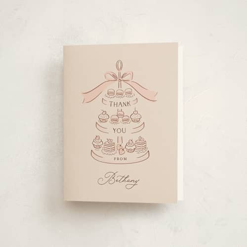 This is a blush baby shower thank you cards with standard by JeAnna Casper called tea party printing on strathmore in standard