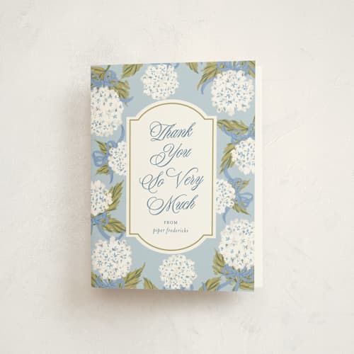 This is a blue bell baby shower thank you cards with standard by Jackie Crawford called hydrangea bow bouquets printing on strathmore in standard
