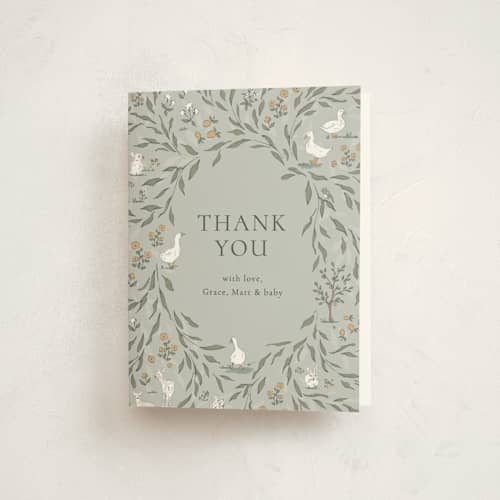 This is a mint baby shower thank you cards with standard by Melissa Johnson called meadow friends printing on strathmore in standard