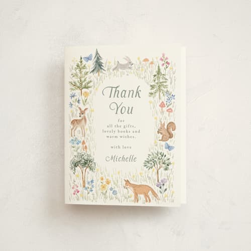 This is a meadow baby shower thank you cards with standard by Petra Kern called woodland welcome printing on strathmore in standard