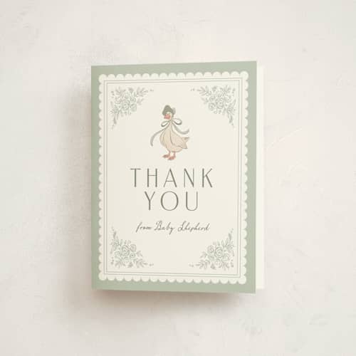 This is a sage baby shower thank you cards with standard by Kristen Smith called story book frame printing on strathmore in standard