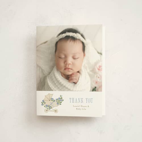 This is a sky baby shower thank you cards with standard by Cindy Reynolds called hydrangea pram printing on strathmore in standard