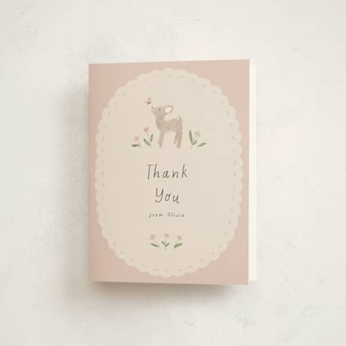 This is a blush baby shower thank you cards with standard by JeAnna Casper called woodland fawn printing on strathmore in standard