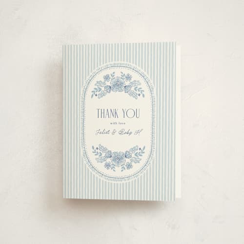 This is a cornflower baby shower thank you cards with standard by Laura Hankins called handkerchief printing on strathmore in standard