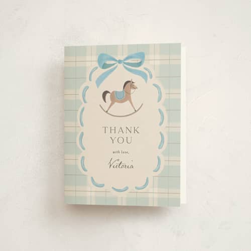 This is a sky baby shower thank you cards with standard by Karidy Walker called heirloom rocking horse printing on strathmore in standard