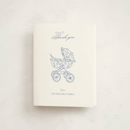This is a navy baby shower thank you cards with standard by Huefete called baby pram printing on strathmore in standard