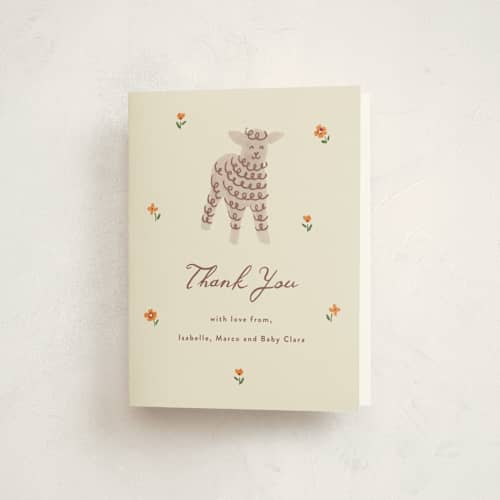 This is a butter baby shower thank you cards with standard by Angela Garrick called ba ba baby shower printing on strathmore in standard