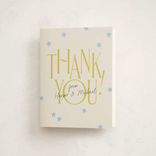 This is a skylight baby shower thank you cards with standard by Laura Hankins called bright star printing on strathmore in standard
