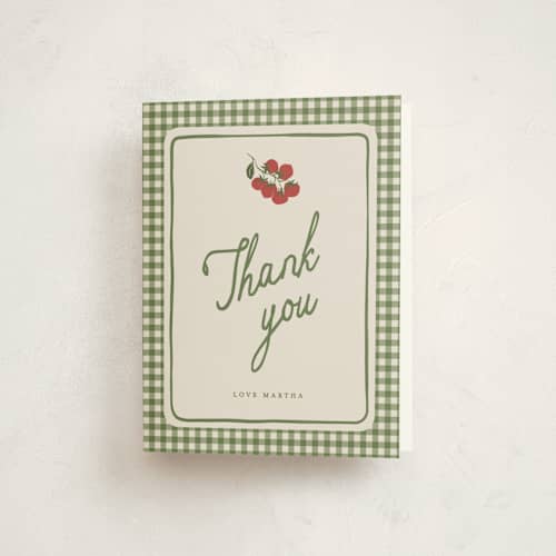 This is a moss baby shower thank you cards with standard by Kelly Watkins called farmers market printing on strathmore in standard