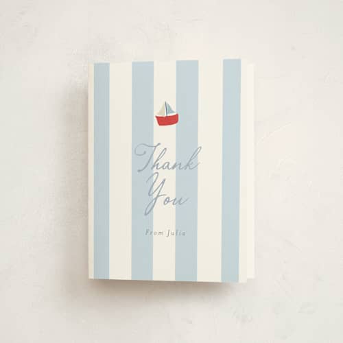 This is a periwinkle baby shower thank you cards with standard by Angela Thompson called sail boats baby printing on strathmore in standard