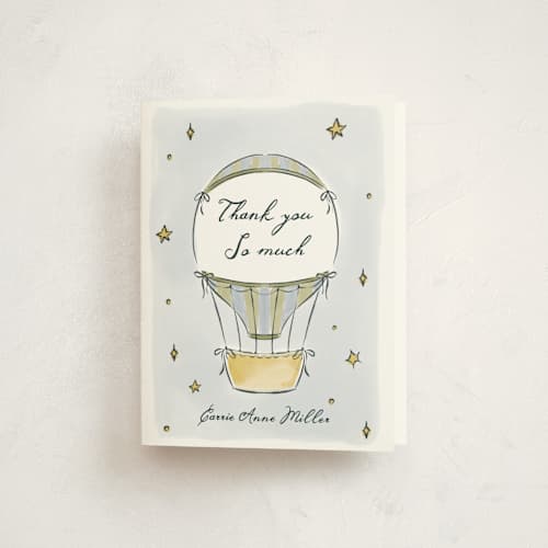 This is a grass baby shower thank you cards with standard by Pati Cascino called hot balloon printing on strathmore in standard