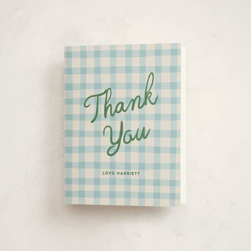 This is a bluebird baby shower thank you cards with standard by Kelly Watkins called a nesting party printing on strathmore in standard