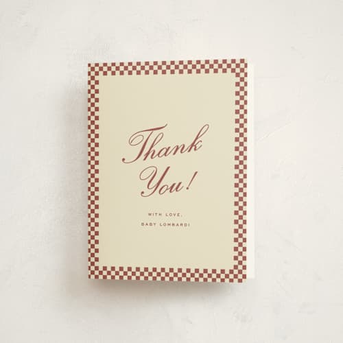 This is a burgundy baby shower thank you cards with standard by Ellen Schlegelmilch called ciao, baby! printing on strathmore in standard